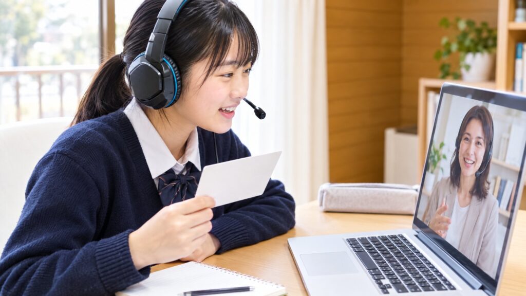 英検3級の面接対策をオンラインで練習する中学生｜The English Home