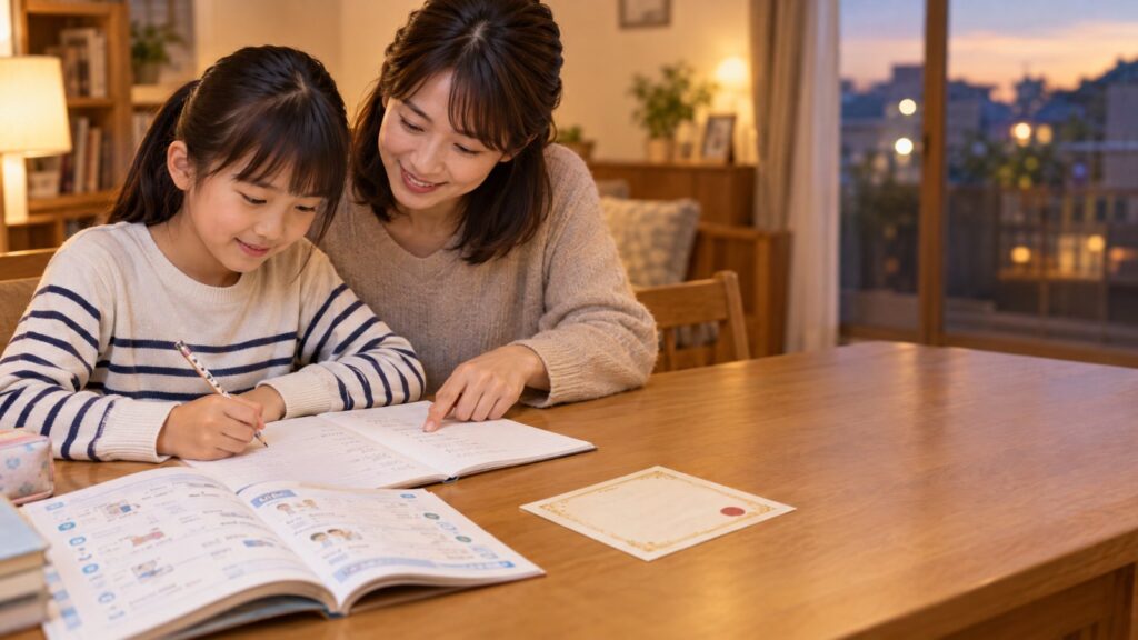 英検4級に満点合格した小学生と、ノートのスペルを確認するお母さん|The English Home