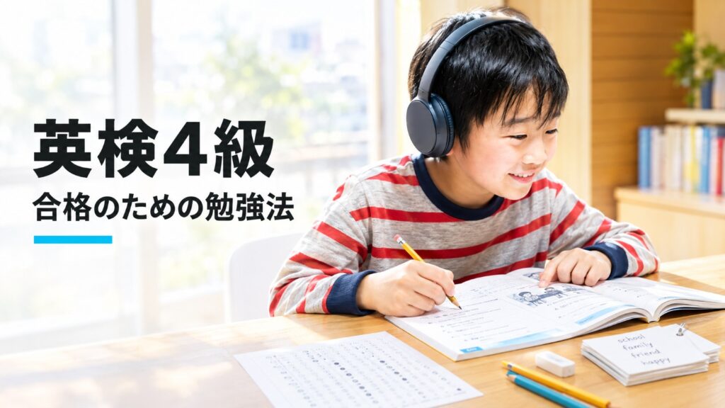 ヘッドホンをつけて英検4級の勉強をする小学生