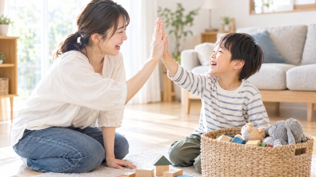 お片付けができた子どもとハイタッチするママ｜英語の褒め言葉