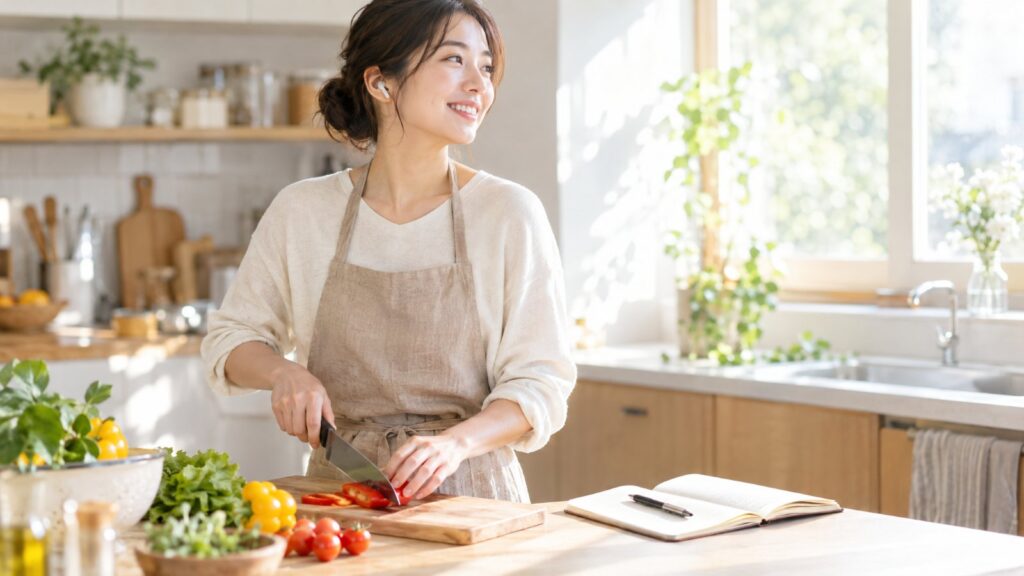 家事をしながら英語を聞いて練習するママ|英語を話せるママになる習慣