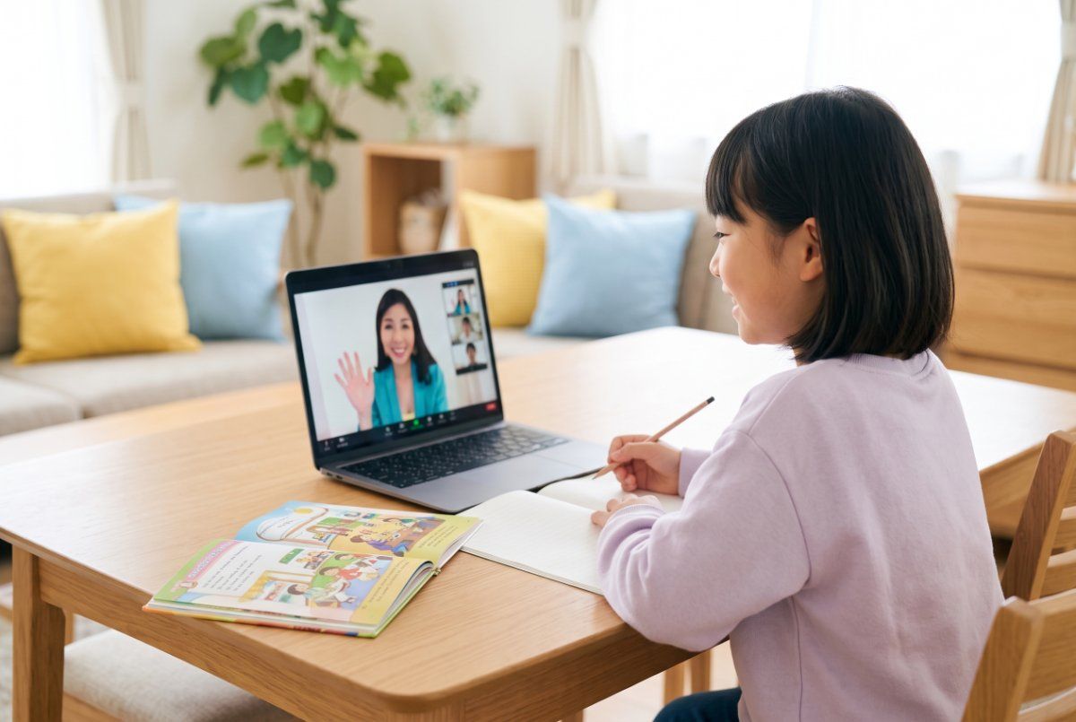 自宅でオンライン英会話レッスンを受ける子ども｜The English Home