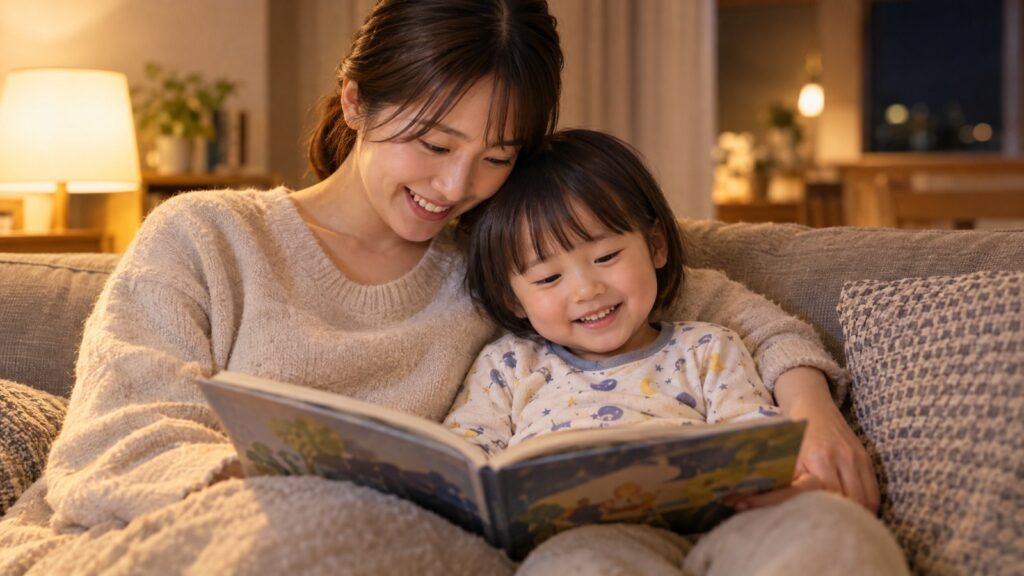 寝る前に英語の絵本を読むママと子ども｜おうち英語フレーズ